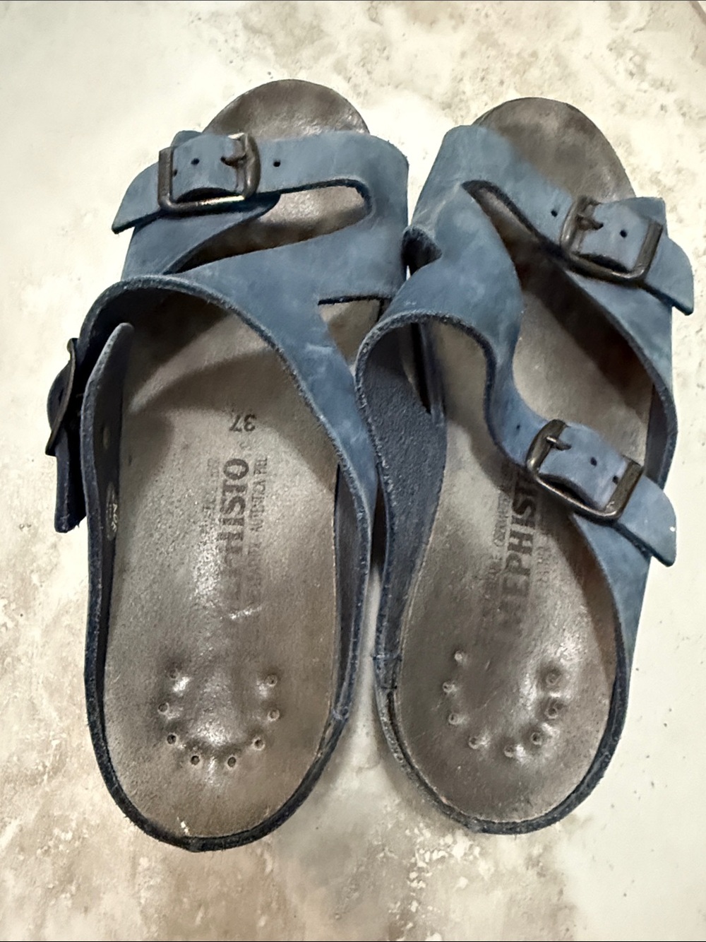 Mephisto Navy Suede Buckle Crossover Slide Sandals